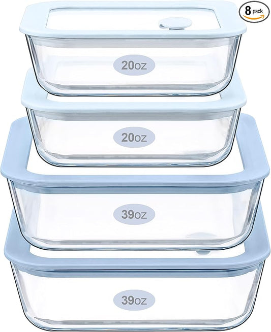 Urban Green Glass Food Container Set with Silicone Glass Lid, Square Shape, 4 Pack, Airtight, LeakProof, 100% Plastic Free, Meal Prep Food Storage Containers, Blue Color