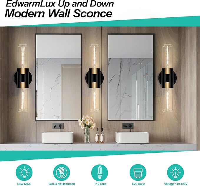 2-Light Bathroom Vanity Light Fixtures, 17.5" Indoor Wall Sconce with Clear Glass, Modern Cylinder Wall Lights for Bathroom, Bedroom, Hallway, Stairways, Living Room (Matt Black)