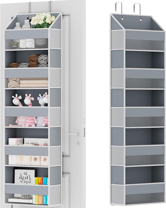 Over The Door Organizer - Over Door Storage Organizer with 5 Large Pockets & 10 Mesh Side Compartments - Heavy-Duty Hanging Storage for Bathroom, Bedroom & Closet - Baby Room Organize - Grey
