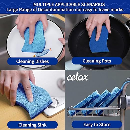 12 Pack Sponges for Kitchen, Dual Sided Scrub Heavy Duty and Dish Scrub Brush with Soap Dispense