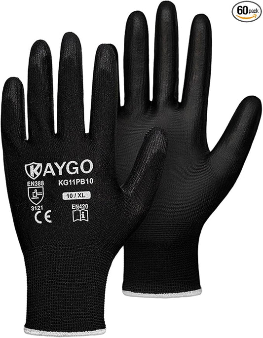 KAYGO Work Gloves for Men and Women,60 Pairs Seamless Knit PU Coated Safety Gloves, with Smooth Grip on Palm and Fingers, Ideal for Light Warehouse, Manufacturing, Gardening, KG11P (XL, Black)