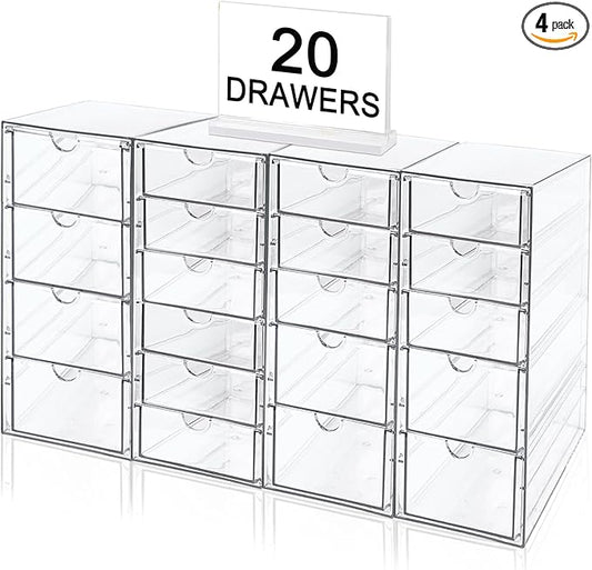 Acrylic Makeup Organizer with 20 Drawers, 4 Set Clear Storage Drawers, Acrylic Drawer Organizer and Storage for Desktop Office Supplies Make Up Pen Hair Accessories