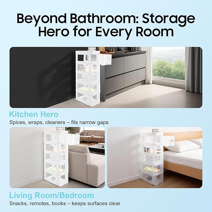 Narrow Plastic Drawers Cabinet, Multi-functional Plastic Tower Organizer with Wheels for Small Space Bathroom Bedroom Kitchen Offices Dormitory, 7 * 15 * 33in (White)