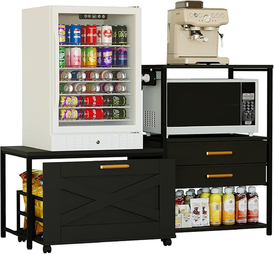 Mini Fridge Stand with Storage, Farmhouse Fridge Cabinet with Power Outlet & Movable Drawers, Microwave Oven Stand with Wheels, Kitchen Bakers Rack for Home Bar Office, Black