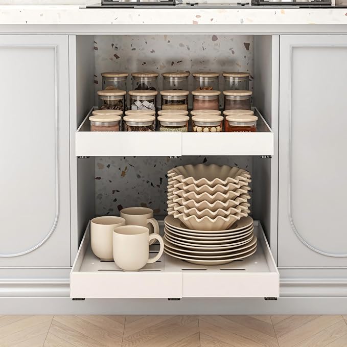 2 Pack Expandable Pull Out Cabinet Organizer, 21" Deep Expandable (12.6" - 20.5") 3 Heavy Duty Slide Drawers Pull Out Drawers for Kitchen Storage Cabinet (White)