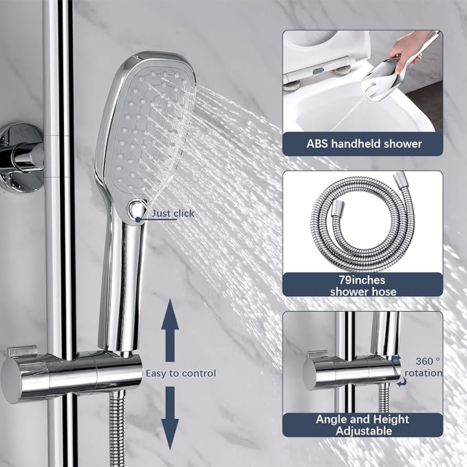 Rain Shower System with Shelf, 12 Inch Rain Shower Head Set with Hand Shower Head, SonTiy Dual Shower Combo with Height Adjustable Holder, Brass Valve, Chrome