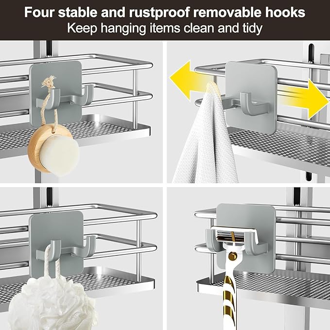 Orimade Adjustable Hanging Over the Shower Door Caddy,Bathroom Organizer Shelf Storage with 4 Hooks for Razor,No Drilling Rustproof Shower Rack Basket, 4 Tier, Silver