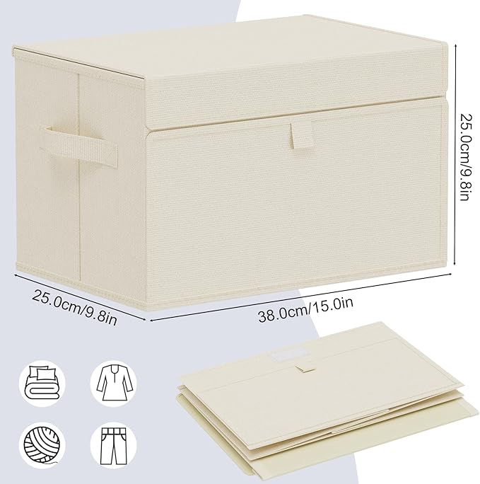 Convenient Storage Bins for Taking Clothes, Fabric Boxes with Flip Cover, Collapsible Organizer with Handles, Cube Baskets for Home, Bedroom, Closet, 15x9.8x9.8in, Beige, 4 Pack