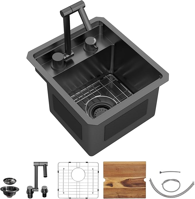 13"x15" Undermount RV Kitchen Sink – Gunmetal Black NANO-PVD, 16 Gauge 304 Stainless Steel, Single Bowl Sink Basin with Foldable Faucet for RV, Camper, Mobile Home, Wet Bar, Outdoor Kitchen