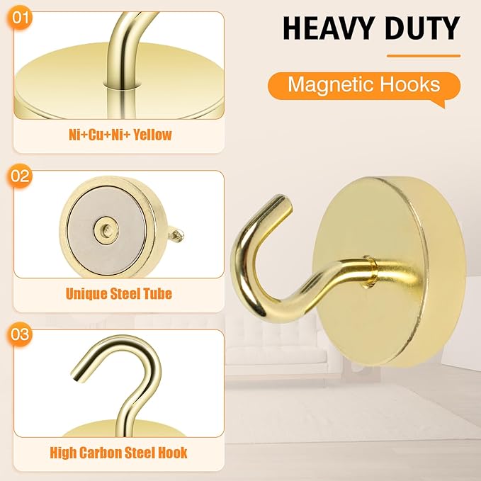 Neosmuk Magnetic Hooks, Cruise Ship Essentials, 8lb+ Heavy Duty Magnetic Hooks for Cruise Cabins, Refrigerator, Grill, Hanging, and Travel | Extra Strong Must-Haves Magnet Hook,Gold
