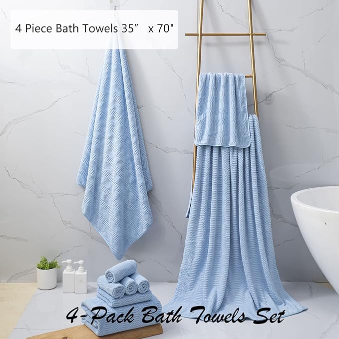 Oliven 4 Piece Blue Large Bath Sheets 35"x70" Oversized Bath Towels Jumbo Towel Set 600GSM Soft Highly Absorbent Quick Dry Beach Chair Towel Woven Towels for Bathroom Hotel and Spa