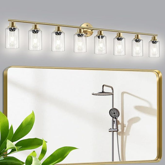 8-Light Brushed Gold Vanity Lights for Bathroom, Lighting Fixtures Over Mirror with Clear Glass Shade, Modern Kitchen Light Fixtures Wall Lamps Sconce Light - E26 Base