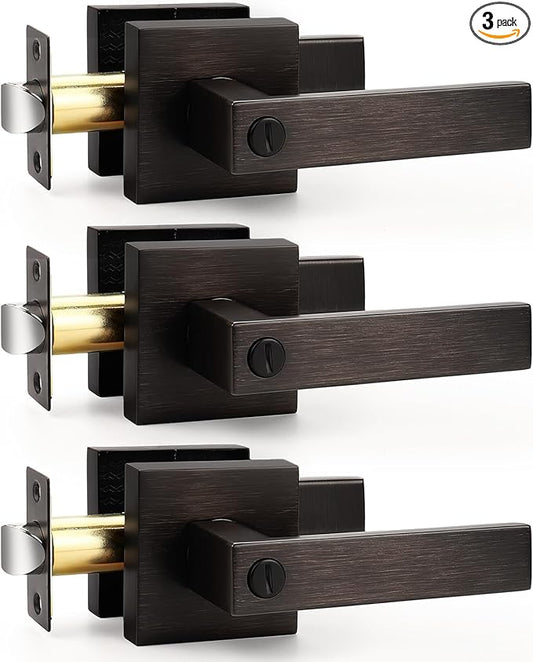 Probrico Privacy Door Levers for Bedroom and Bathroom Keyless Heavy Duty Handles Lockset with a Oil Rubbed Bronze Finish, Reversible for Right & Left Sides, 3 Pack