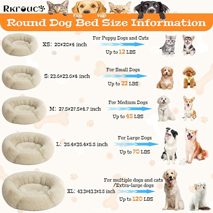 Fluffy Dog Bed Calming Donut Beds for Large Dogs Warming Round Small Medium Pet Nest Cozy Cat Mattress Indoor Washable Puppy Kennel Kittens Sleep Mat (L, 35.4×35.4 inch, Khaki)
