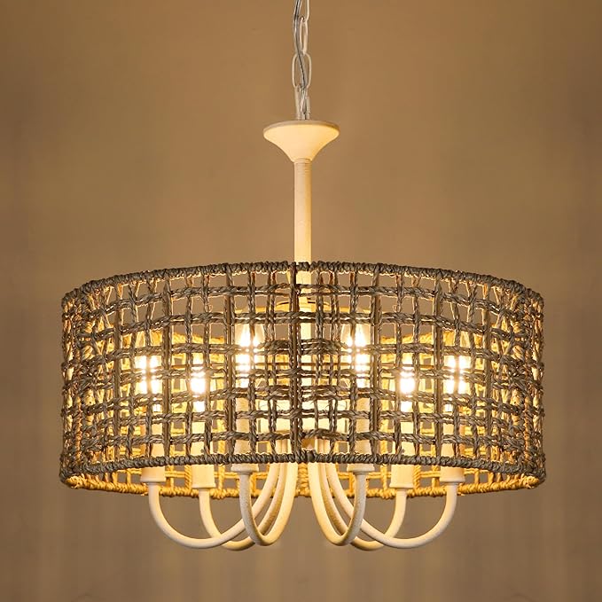 White Rattan Chandelier for Dining Room, 6-Light Boho Chandelier Light Fixture Hand-Woven Bohemian Coastal Hanging Pendant Lighting for Kitchen Living Room Foyer Entryway