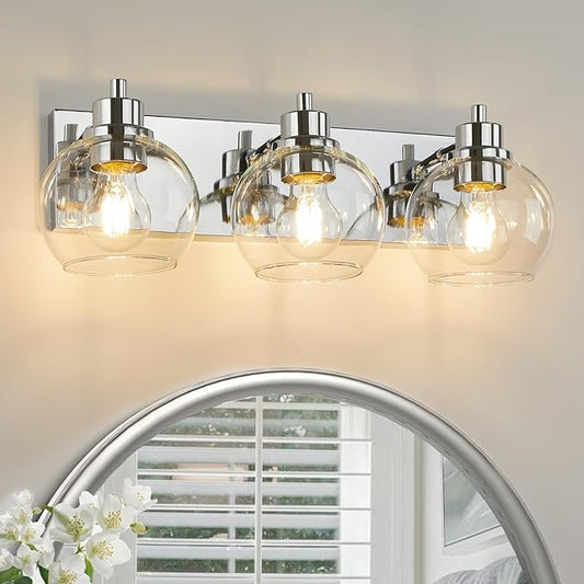Tuscarora Chrome Vanity Light Fixture - 3 Light Bathroom Vanity with Clear Glass Shade - Light Over Mirror for Bathroom Lighting