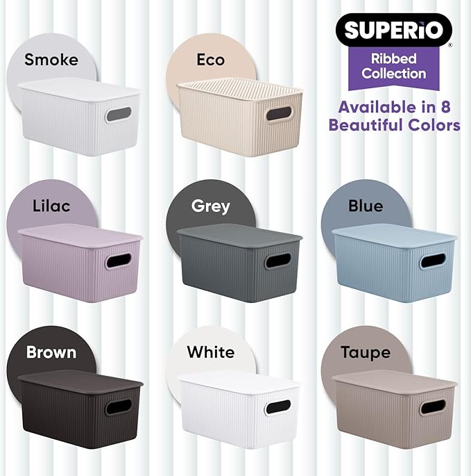 Decorative Plastic Basket Lidded Home Storage Bins Organizer Baskets, Medium Taupe (1 Pack - 5 Liter) Stackable Container Box, for Organizing Closet Storage Bins for Shelves - Ribbed Collection
