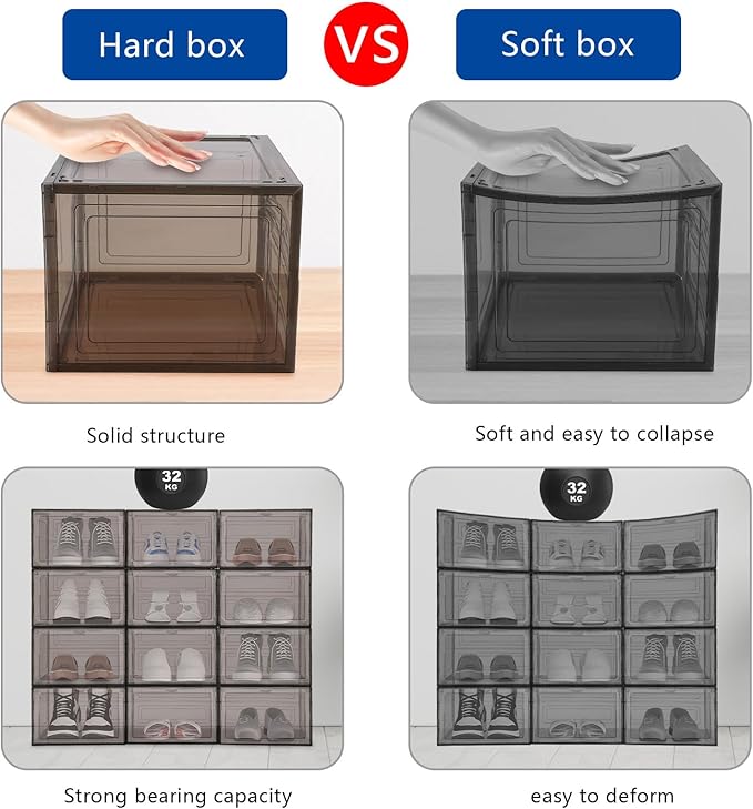 12 Pack Stackable Shoe Box,Semi-Transparent Plastic Sneaker Box,Free Standing Shoe Containers,Acrylic Shoe Display Case,Sneaker Storage,for Shoes,Clothes, Purses,13.39*10.63*8.66in (Black Brown)