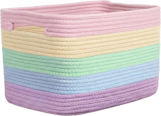 Storage Baskets for Organizing, 14 x 10 x 9” Closet Shelf Woven Baskets, Square Bins with Handles, Cotton Rope Basket for Toys, Clothes, Office, Room, Rainbow 1 Pack