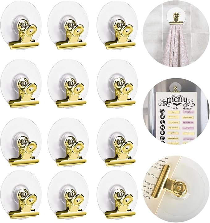 Self Adhesive Metal Clips, 12 Pcs Upgrade Strong Self-Adhesive Clips for Hanging and Organization, Spring Clip for Paper Poster Tapestry Photo Wall Teacher Student Home Kitchen Office, Golden