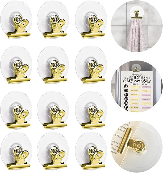 Self Adhesive Metal Clips, 12 Pcs Upgrade Strong Self-Adhesive Clips for Hanging and Organization, Spring Clip for Paper Poster Tapestry Photo Wall Teacher Student Home Kitchen Office, Golden