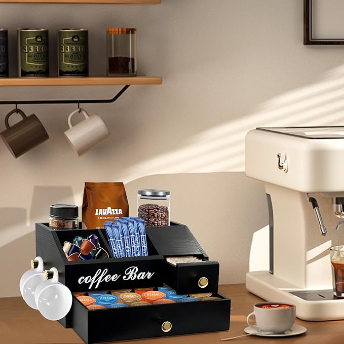 Coffee Station Organizer - Farmhouse Wood Kcup Holder for Counter, Countertop Snack Organizer with Hanging Handles, Suitable for Snacks, Coffee Capsules, Syrups and Various Accessories(Black)