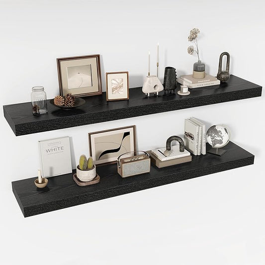 55 Inch Floating Shelves, 12" Deep Floating Shelf Wall Mounted, 55" Wall Shelves, Rustic Deep Bookshelf, Extra Deeper & Thicker Display Shelves for Bedroom, Living Room, Black, Set of 2