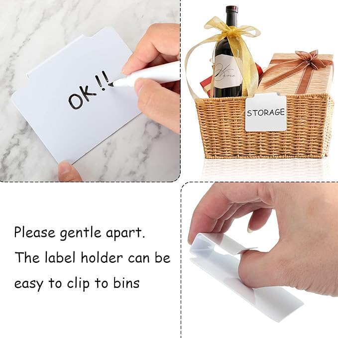 Chinco 25 Pieces Basket Labels Clips Removable Bin Tags Includes 18 Kitchen Bin Label Holders PVC Clip Basket Tags with 2 Chalk Markers and 5 Sheets Chalkboard Tags for Organization(White Board)
