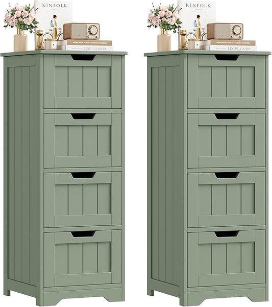 FOTOSOK Bathroom Storage Cabinet Set of 2, Bathroom Cabinet with 4 Drawers, 11.8” x 11.8” x 32.5” Freestanding Entryway Cupboard Storage Organizer Unit Home Furniture Decor, Green