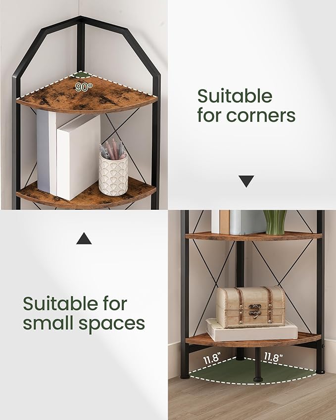 4-Tier Rustic Brown and Black Corner Shelf, 4-Shelf Industrial Corner Bookshelf, Space-Saving Corner Storage Stand, Plant Stand Display Shelf, Bedroom, Living Room, Home Office