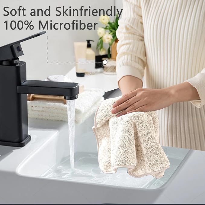 18 Piece Bath Towels Set,100% Microfiber Family Bathroom Towel with Hanging Loops-6 Bath Towels,6 Hand Towels,6 Washcloths,Quick Dry Highly Absorbent Shower Towel for Bathroom,Hotel,Spa-Beige