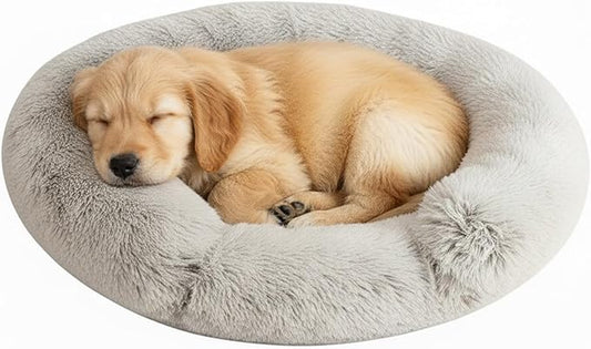 Fluffy Dog Bed Calming Donut Beds for Large Dogs Warming Round Small Medium Pet Nest Cozy Cat Mattress Indoor Washable Puppy Kennel Kittens Sleep Mat (S, 23.6×23.6 inch, Gradient Coffee)