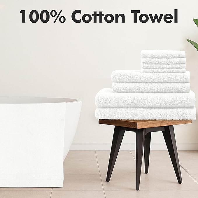 Bath Towels Set of 8 – 100% Cotton (White) Bathroom Towel Set Bale Includes 2 Bath, 2 Hand, 4 Face Towels – Soft, Absorbent & Quick Dry Towel for Bathroom, Spa, Kitchen, Hotel Use