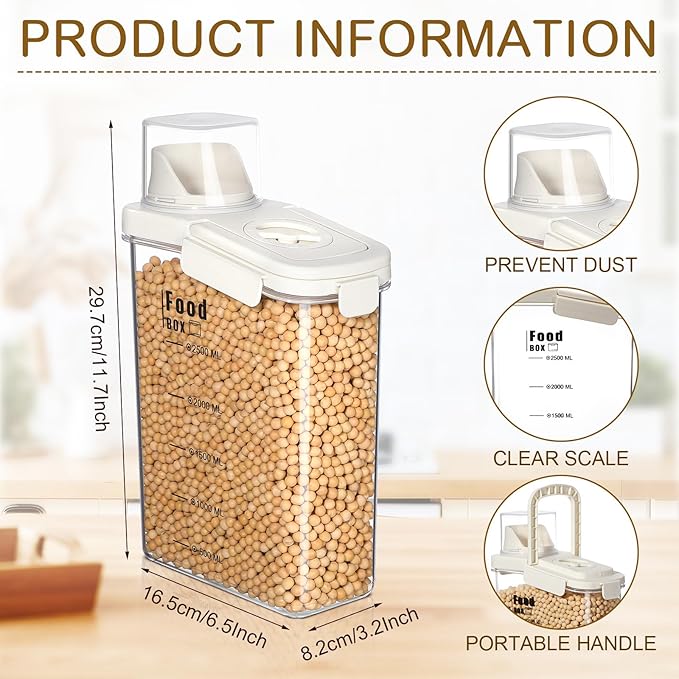 4 PCS Cereal Containers Storage 2.8L Airtight Large Dry Food Containers with Pouring Spout Cereal Storage Dispenser Measuring Cup for Flour and Baking Supplies, White