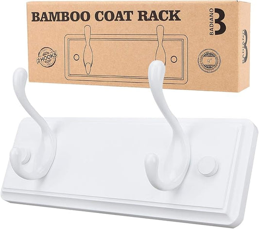 Badiano Wooden Coat Rack, Wall-Mounted Organizer for Closet, Entryway, Hallway, Foyer, Bedroom, Heavy Duty Double Hooks for Hanging Towels, Bags, Hats, Jackets, Key (White, 2 Hooks)