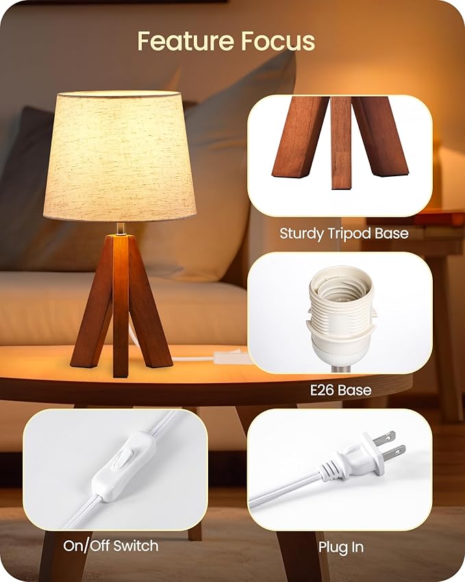 Wood Tripod Table Lamp — Warm Ambient Glow, Beige Fabric Shade