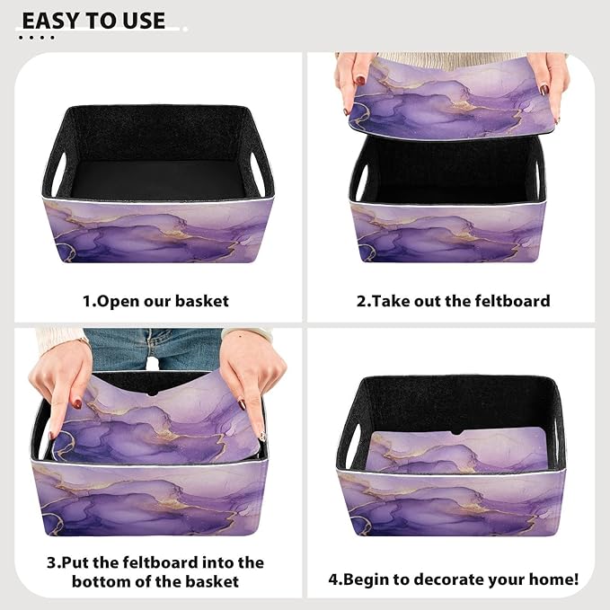 Kcldeci Purple Marble Storage Bins Baskets for Organizing 2Pack,Lavender Gold Sturdy Storage Basket Foldable Storage Baskets for Shelves Closet Nursery Toy