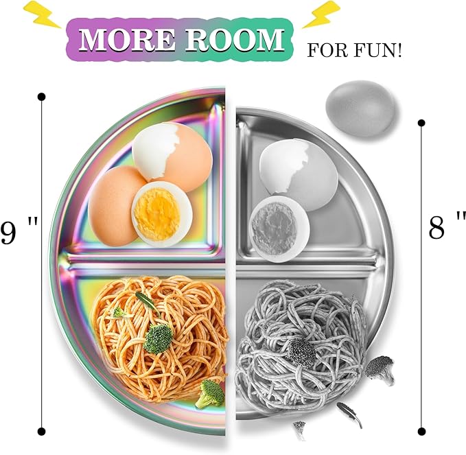 9" Stainless Steel Toddler Plates Set of 6, Divided Plate for Kids & Baby, Non Toxic Unbreakable Dishes Dinnerware Adults Portion Control Snack Container, Colorful Meal Time Chums