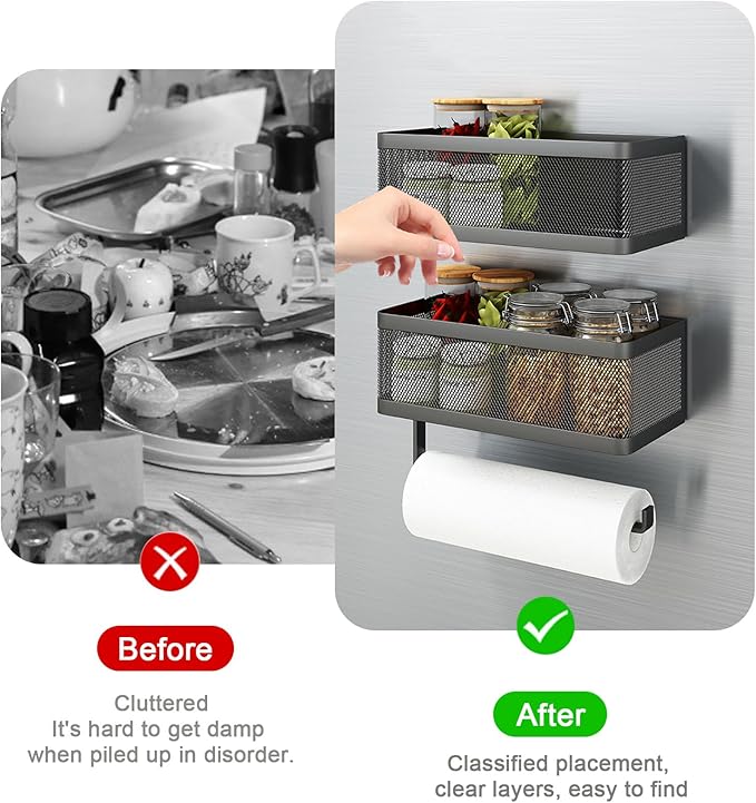 2 Tier Magnetic Paper Towel Holder Wall Mount for Fridge,Metal Mesh Magnetic Spice Rack with Paper Towel Rack Storage Organizer Refrigerators Shelf,No Drilling Removable for Kitchen,Bathroom