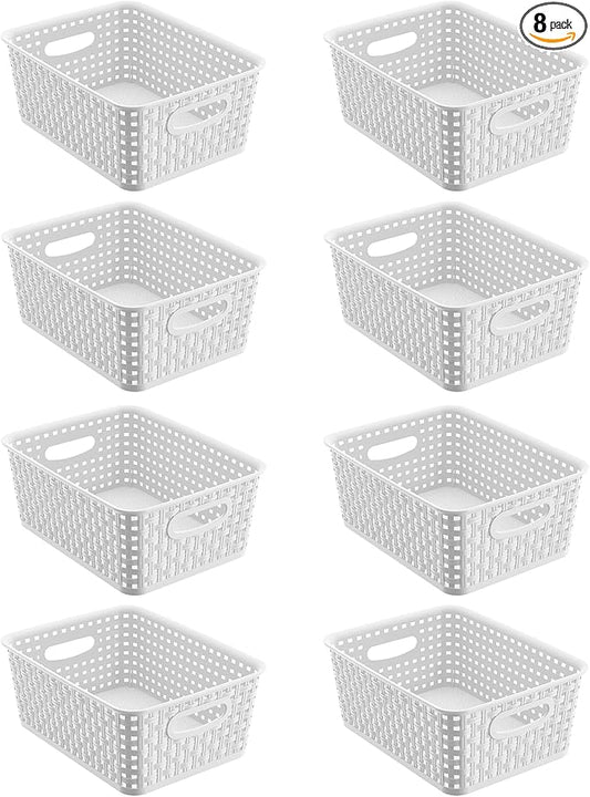 8 Pack White Storage Baskets, Plastic Woven Organizer Baskets, Stackable Shelf Baskets for Closet, Pantry & Bathroom