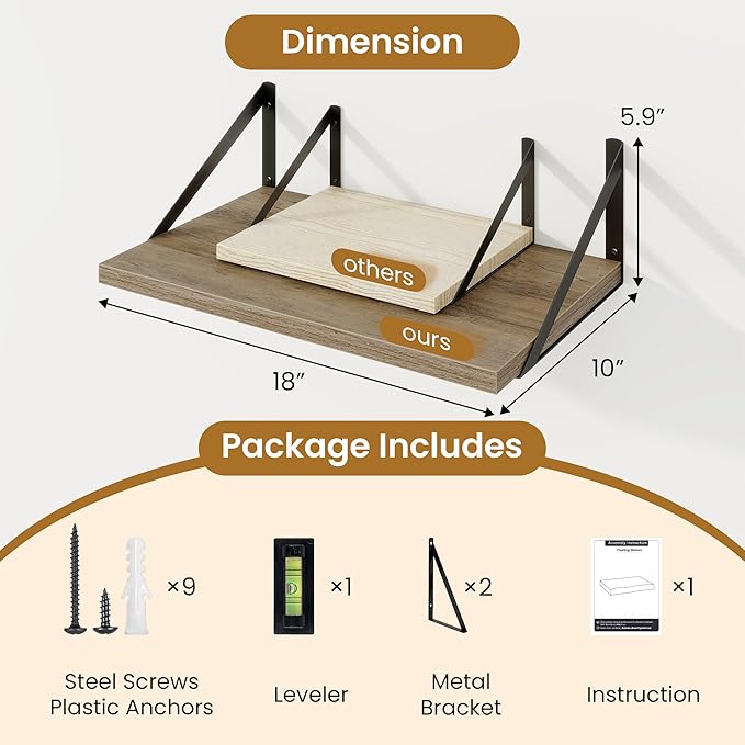 Floating Shelves for Wall,18" Wall Mounted Shelves Set of 2,Wood Floating Shelf with Bracket,Sturdy Metal Bracket Bookshelves Home Decor Storage for Living Room,Bedroom,Bathroom,Kitchen,Grey