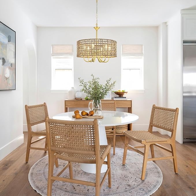 Boho Hand Woven Rattan Chandelier 6 Lights Farmhouse Golden Chandelier, 17.7'' Coastal Drum Wicker Chandeliers for Dining Room Kitchen Living Room Entryway Bedroom