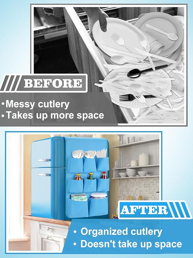Extended Mini Fridge Caddy Organizer - 55" x 13" Back to School Dorm and Office Over the Fridge Storage Organizer with 12 Pockets for Flatware Drink Paper Goods, College Must Have, Blue