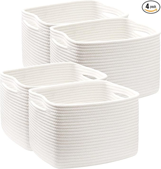 Storage Baskets for Shelves White Rope Basket for Organizing 4 Pack Rectangle Toy Bins for Nursery 12.7"Lx9"Wx7.9"H