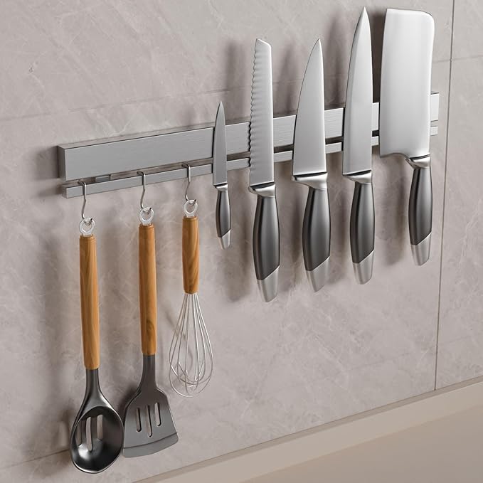 TOUKA 17 Inch Magnetic Knife Holder, Knife Magnetic Strip for Wall, magnetic knife holder for refrigerator, No Drilling with 6 Hooks, Includes 3M Adhesive and Screws, Strong Magnet Kitchen Organizer