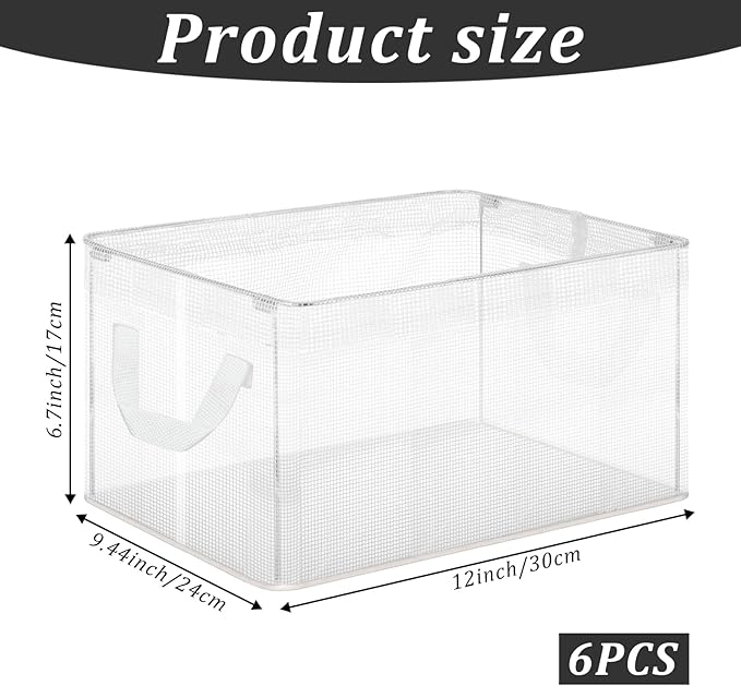 6 Pack Storage Baskets for Shelves, Closet Storage Bins Shelves Decorative Collapsible Baskets with Handles Clear Plastic Closet Organizers for Organizing Shelves Wardrobe Office Clothing Books