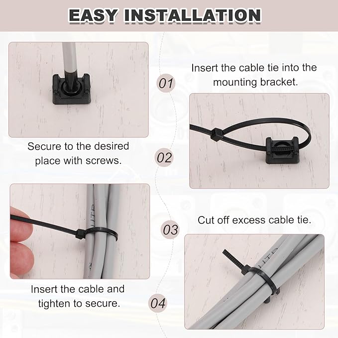MECCANIXITY 60pcs 0.58" Cable Tie Saddle Type Mounts Base with 8" Cable Zip Ties and M3 Tapping Screws, Wire Organizer Holder Clamps Set, White