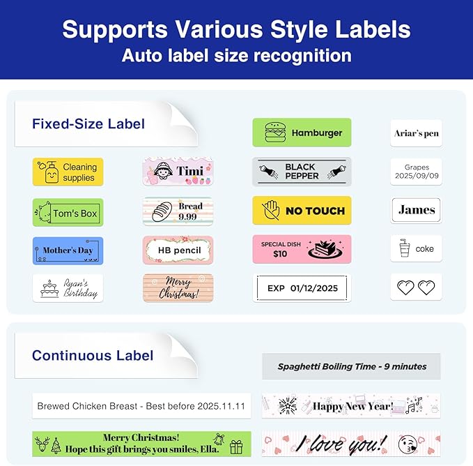 SUPVAN E11 Bluetooth Label Maker Machine, Support Keyboard & App with 40 Fonts and 650+ Icons, Rechargeable Inkless Labeler for Home, Kitchen, Office, School, Organization, Black