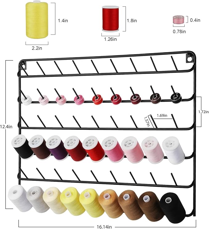 YBING Thread Holder Wall 54 Spools Sewing Thread Rack Wall Mount Embroidery Spool Organizer Metal Sewing Thread Organizer with Hanging Tools for Quilting Braiding Hair Black 4 Pack