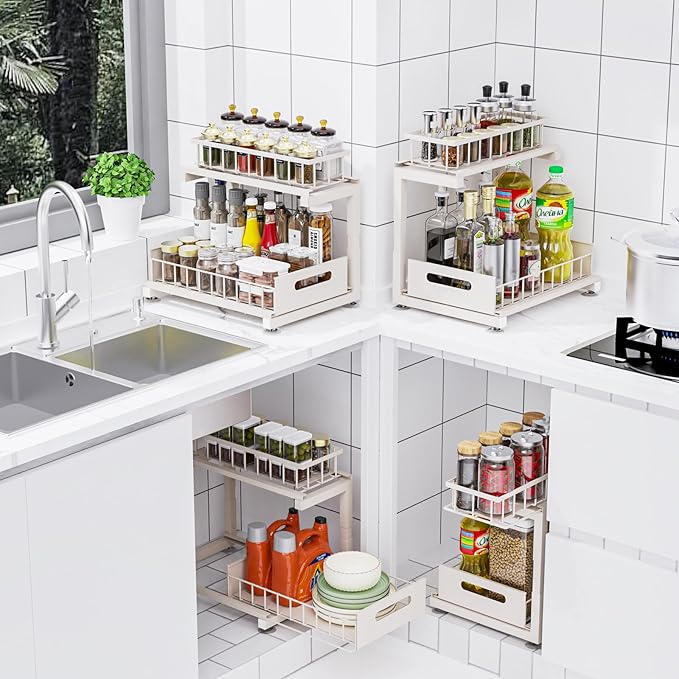 Under Sink Organizer, Heavy Duty Metal Slide Out Sink Shelf Organizer Height Adjustable, Multi-Purpose Storage Shelf for Kitchen Bathroom (Sand,2Pack)